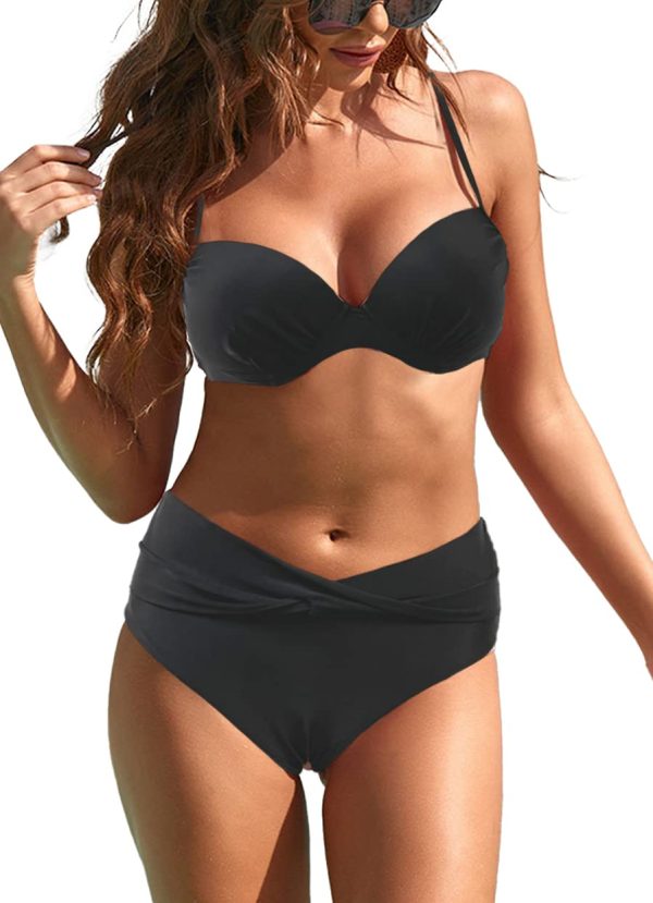 JFAN Bikini Sets for Women Ruched Swimming Costume Women Push 2 Black