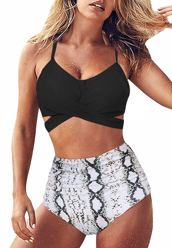JFAN Women Ruching Bikini Set Cross Wrap Push Up Top High Waisted 2 XL