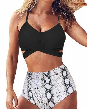 JFAN Women Ruching Bikini Set Cross Wrap Push Up Top High Waisted 2 XL