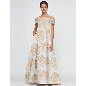 Jacquard Brocade Floral A-Line Evening Gown Elegant Dress Formal Wedding Floor Length Short Sleeve Off Shoulder Pocket Nylon with Slit Pocket 2025