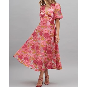 Jacquard Floral A-Line Cocktail Dresses Elegant Dress Formal Wedding Tea Length Short Sleeve Bubble Sleeve V Neck Organza with Ruched Details 2025