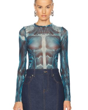 Jean Paul Gaultier Ecorche Mesh Printed Long Sleeve Top in Blue Light Blue & White - Blue. Size S (also in XS).