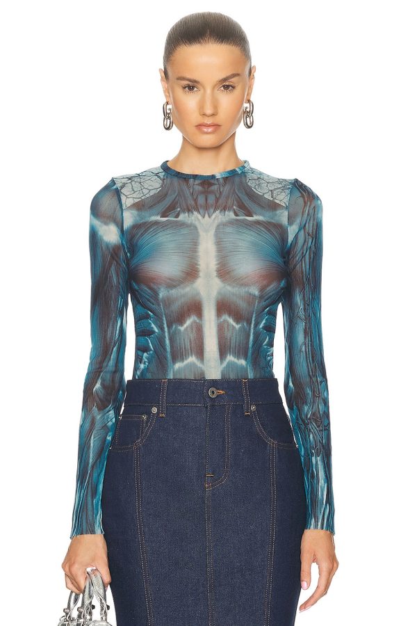 Jean Paul Gaultier Ecorche Mesh Printed Long Sleeve Top in Blue Light Blue & White - Blue. Size S (also in XS).