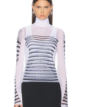 Jean Paul Gaultier Feathers Mariniere Printed Mesh Long Sleeve Top in White Navy & Black - White. Size M (also in S, XS).