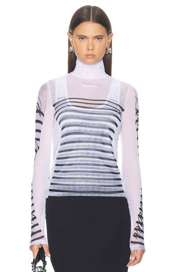 Jean Paul Gaultier Feathers Mariniere Printed Mesh Long Sleeve Top in White Navy & Black - White. Size M (also in S, XS).
