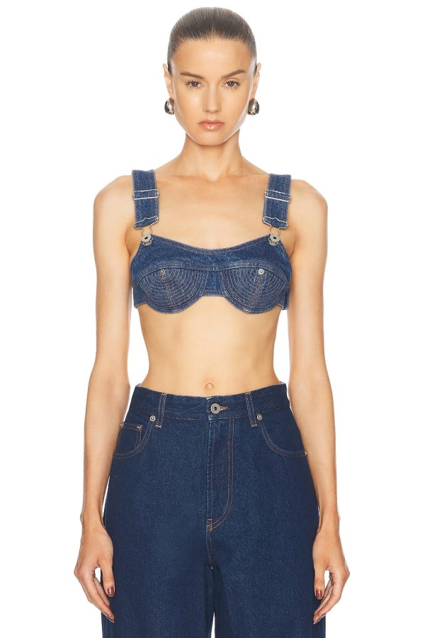 Jean Paul Gaultier Overalls Buckles Denim Bra Top in Vintage Blue - Denim-Medium. Size 34 (also in 36).