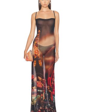 Jean Paul Gaultier Pigalle Mesh Slip Printed Dress in Black Red Orange & Blue - Black. Size XS (also in ).
