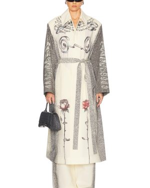 Jean Paul Gaultier Tattoo Trench Coat in Ecru Black & Red - Cream. Size L (also in M, S, XS).