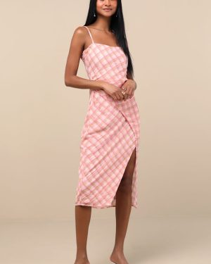 Jenise Pink Plaid Faux-Wrap Midi Dress