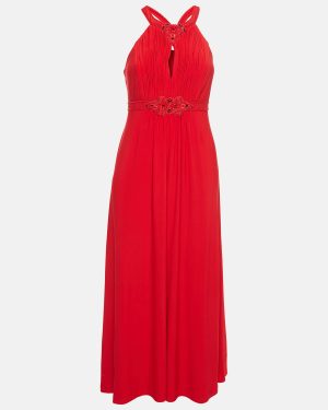Jenny Packham Red Beaded Jersey Halter Neck Maxi Dress L