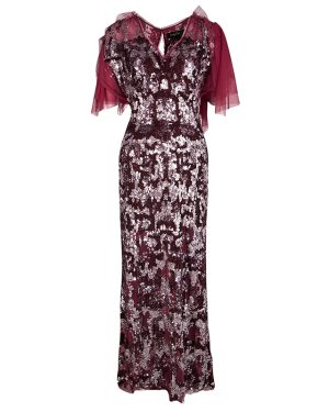 Jenny Packham Red Sequin Embellished Ruffled Sleeve Maxi Dress L