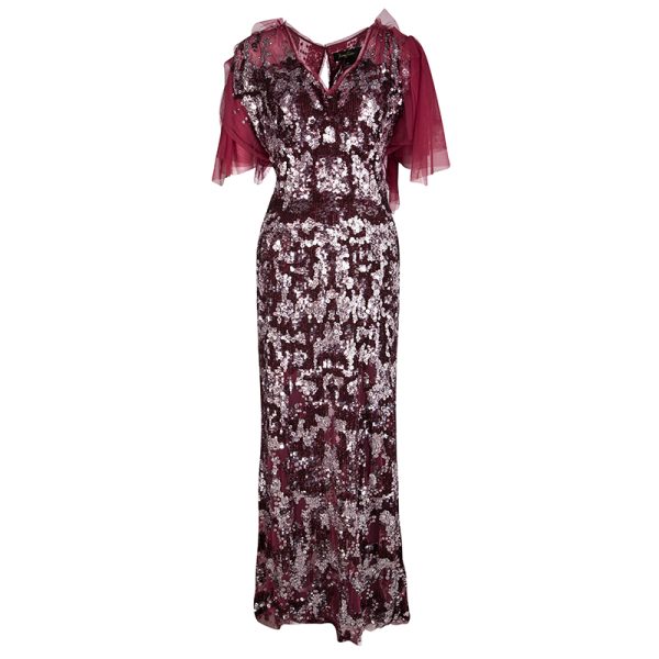 Jenny Packham Red Sequin Embellished Ruffled Sleeve Maxi Dress L