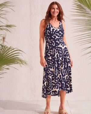 Jet Blue/Beige Abstract Print Sleeveless High-Low Dress