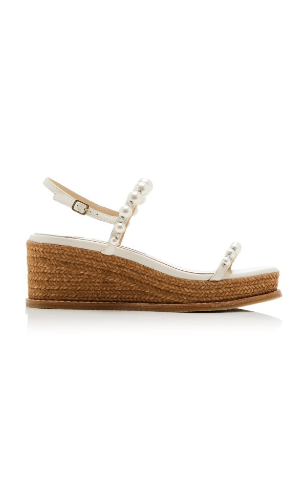 Jimmy Choo - Amatuus Pearl-Embellished Leather Wedge Sandals - White - IT 41 - Moda Operandi