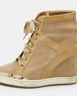 Jimmy Choo Beige Suede and Patent Leather Panama Wedge Sneakers Size 39