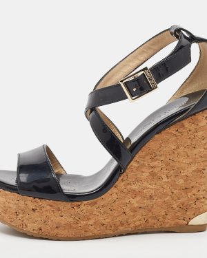 Jimmy Choo Black Patent Leather Portia Cork Platform Wedge Cross Strap Sandals Size 37