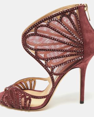 Jimmy Choo Burgundy Mesh and Suede Crystal Embellished Sandals Size 39