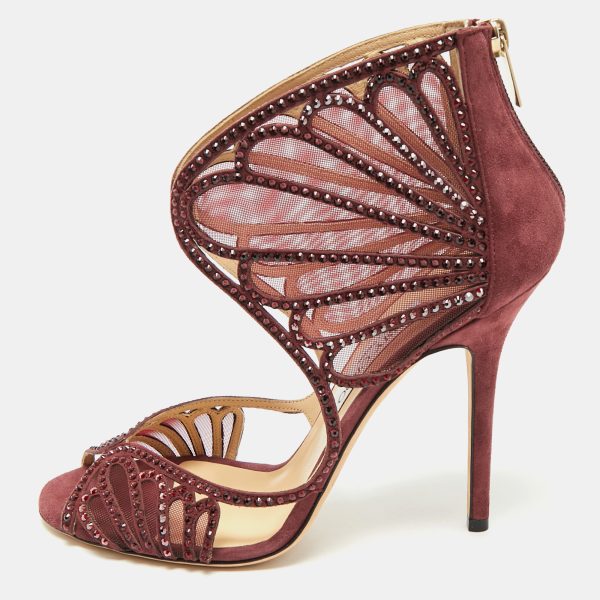 Jimmy Choo Burgundy Mesh and Suede Crystal Embellished Sandals Size 39
