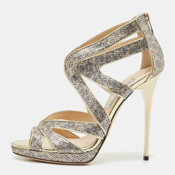 Jimmy Choo Gold Glitter and Leather Karla Sandals Size 39