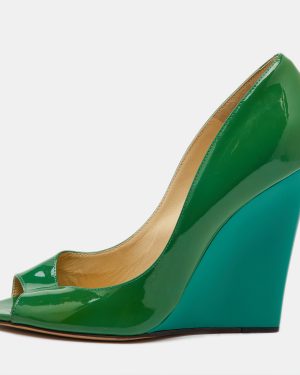 Jimmy Choo Green Patent Leather Peep Toe Wedge Pumps Size 40