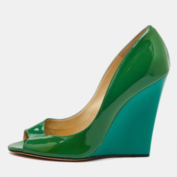 Jimmy Choo Green Patent Leather Peep Toe Wedge Pumps Size 40