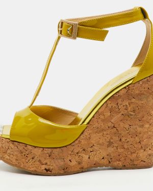 Jimmy Choo Lime Green Patent Leather Pania Cork Wedge T Strap Sandals Size 39.5