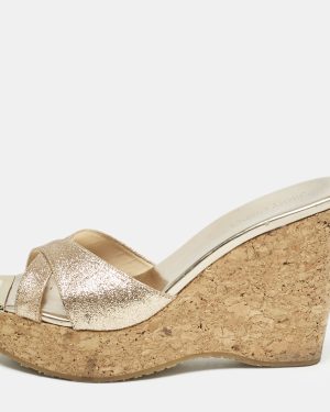 Jimmy Choo Metallic Gold Glitter Prima Cork Platform Wedge Sandals Size 37