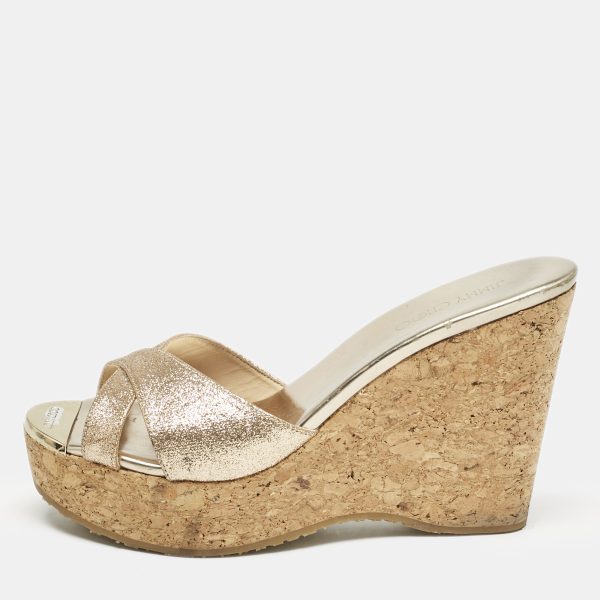 Jimmy Choo Metallic Gold Glitter Prima Cork Platform Wedge Sandals Size 37