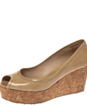 Jimmy Choo Nude Patent Parley Cork Wedge Pumps Size 37.5