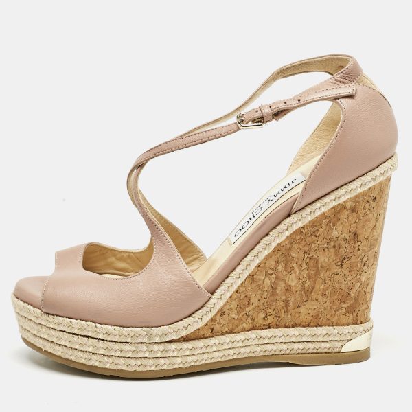 Jimmy Choo Pink Leather Crisscross Strap Cork Wedge Sandals Size 37.5