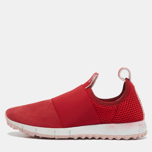 Jimmy Choo Red Suede and Mesh Oakland Low Top Sneakers Size 36