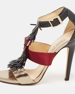 Jimmy Choo Tricolor Python, Satin and Leather Fedora Fringe Sandals Size 38.5