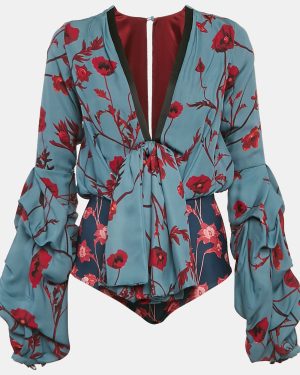 Johanna Ortiz Blue Floral Print Silk Blend Bow Detail Bodysuit XS