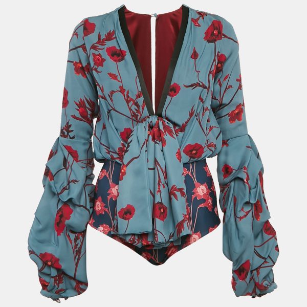 Johanna Ortiz Blue Floral Print Silk Blend Bow Detail Bodysuit XS