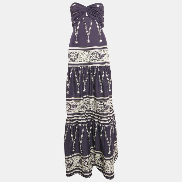 Johanna Ortiz Navy Blue Printed Cotton Strapless Tie-Up Detail Orilla Del Mar Maxi Dress M