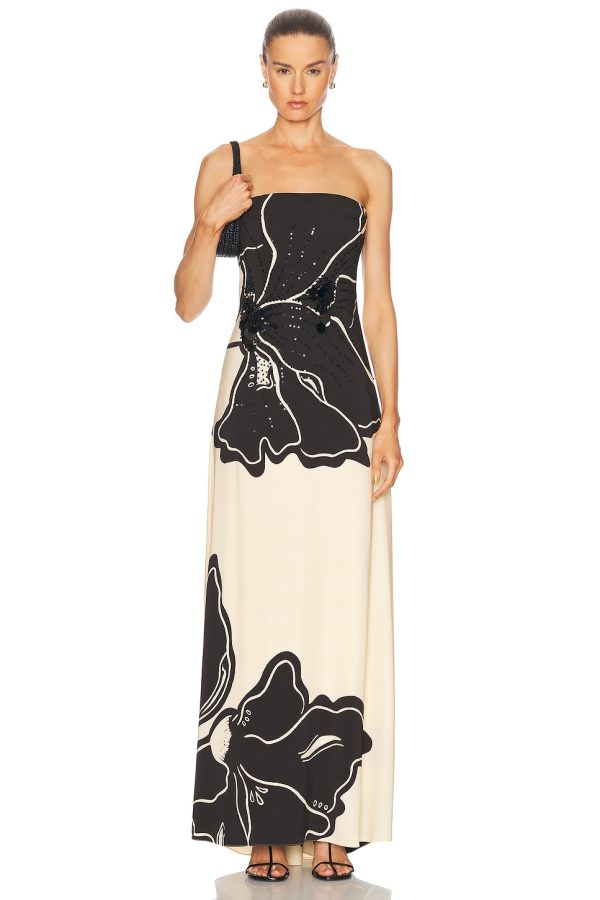 Johanna Ortiz Simbologia Floral Maxi Dress in Floral Shadows Ecru & Black - Black,Cream. Size 2 (also in 6).