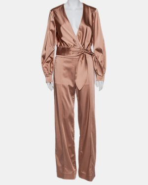 Jonathan Simkhai Salmon Pink Crepe Satin Wrap Crop Top & Wide Leg Track Pants Set M