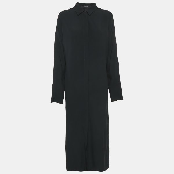 Joseph Black Crepe Button Front Long Shirt Dress L