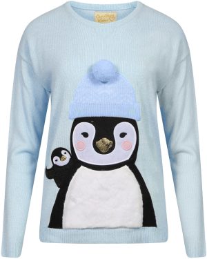 Jumpers Penguin + Hat Knitted Christmas Jumper in Sky Blue - Merry Christmas / 14 - Tokyo Laundry
