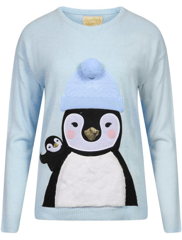 Jumpers Penguin + Hat Knitted Christmas Jumper in Sky Blue - Merry Christmas / 14 - Tokyo Laundry