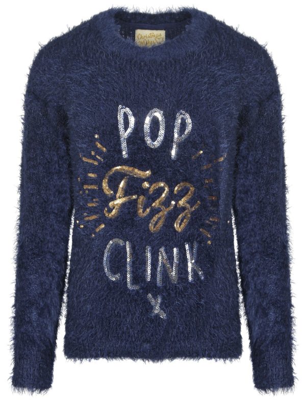 Jumpers Womens Lx Fizz Slogan Fluffy Knit Jumper in Dress Blues - Christmas Wishes / XS - Tokyo Laundry