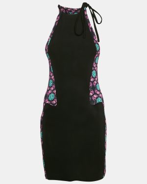 Just Cavalli Black/Multicolor Printed Jersey Halter Neck Midi Dress S