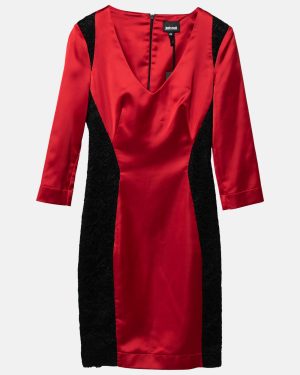Just Cavalli Dark Red Stretch Satin Contrast Lace Paneled V Neck Sheath Dress S