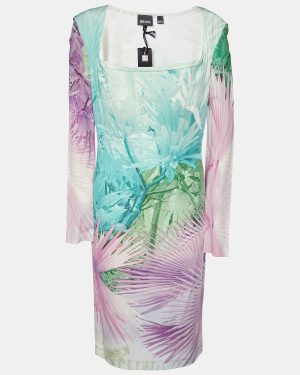 Just Cavalli Multicolor Tropical Print Jersey Off-Shoulder Dress XL