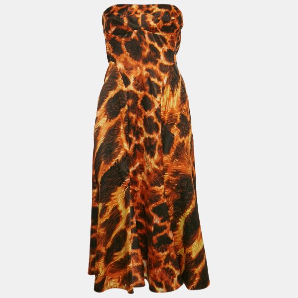 Just Cavalli Orange Printed Satin Strapless Midi Dress M