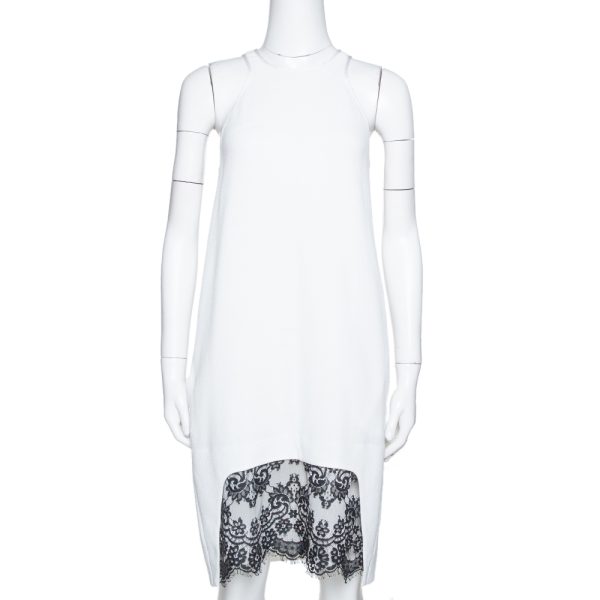 Just Cavalli White Crepe Lace Trim Sleeveless Shift Dress M