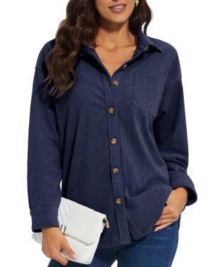 KEFITEVD Women's Button Down Blouses Casual Oversized Shirt Blue,M