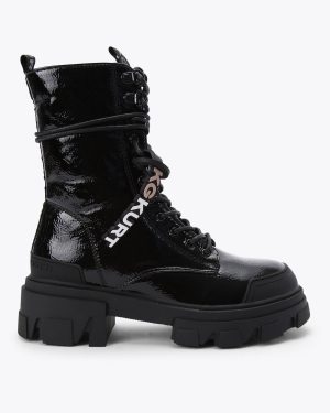 KG Kurt Geiger Women's Ankle Boot Black Patent Trekker Lace Up