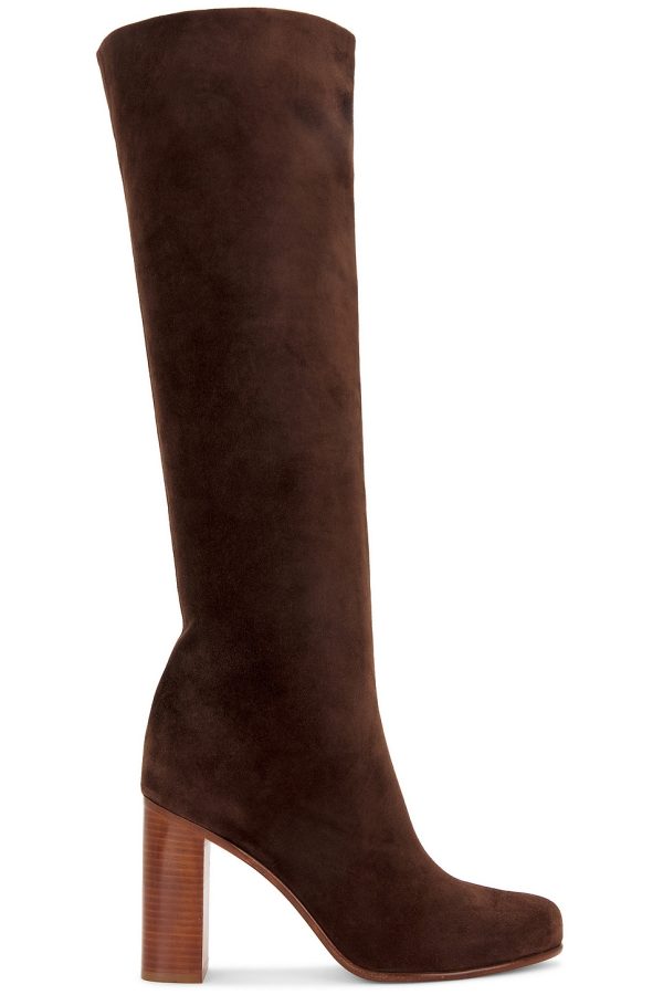 KHAITE Willow Suede Knee High 90 Boot in Dark Brown - Brown. Size 36 (also in 38, 38.5, 39.5, 41).