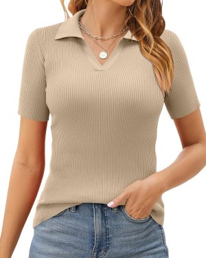 KISSMODA Ladies Summer Ribbed Knit Tops Lapel V Neck Short Sleeve
